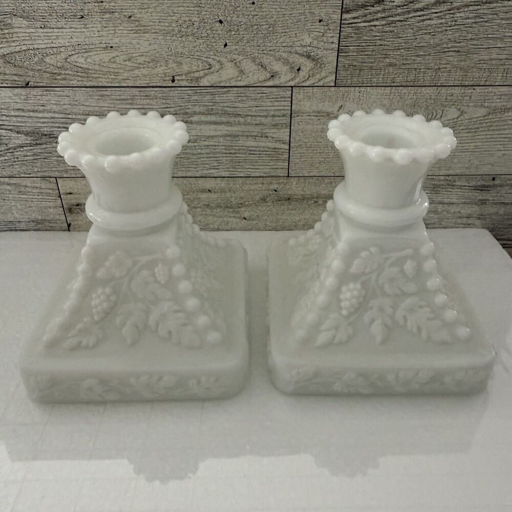 Set Vintage Westmoreland Milk Glass Paneled Grape Candlestick Holder Square Base